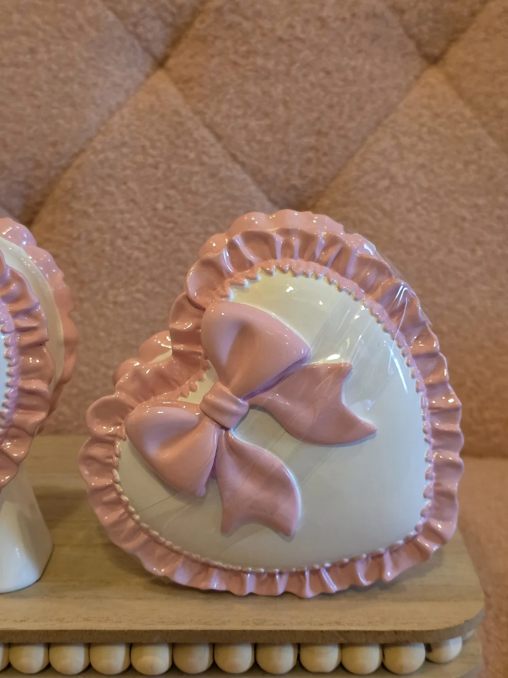 Pink Heart Bow Ceramic Soap Dispenser & Heart Dish With Lid Set